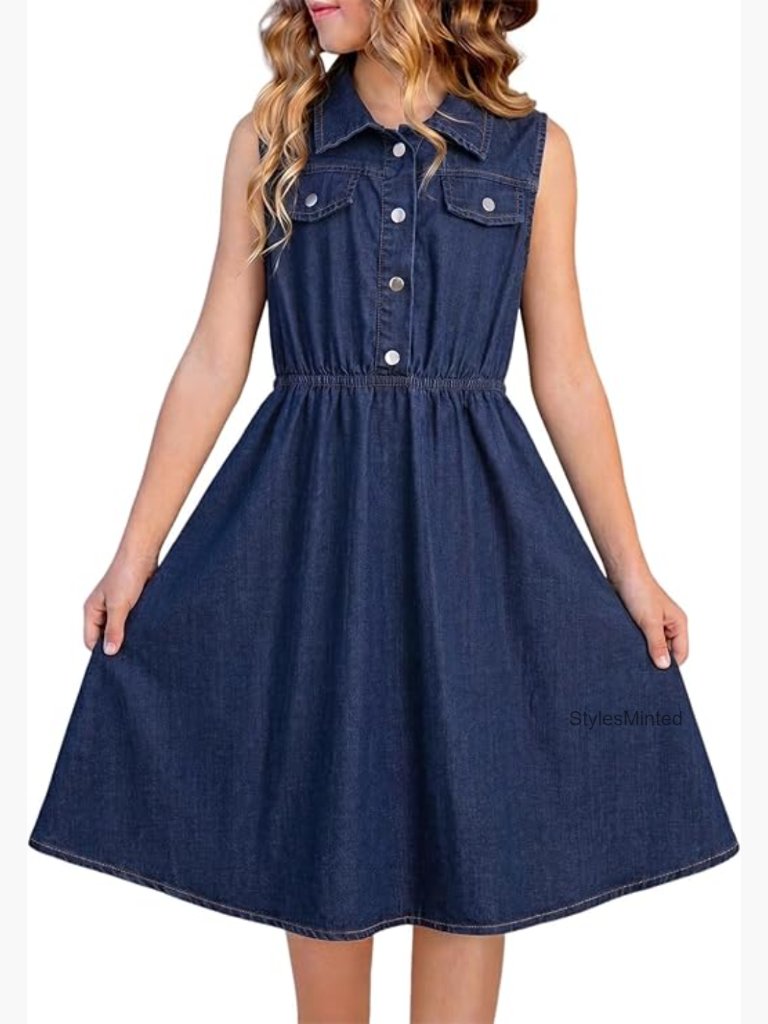 Tween Girls Sleeveless Denim Sun Dress Size 6-15
